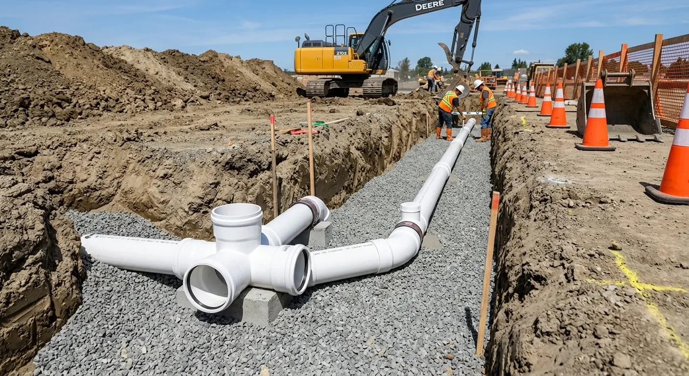 New PVC sewer pipe installation in open trench for Sewer Camera Inspection in Ankeny