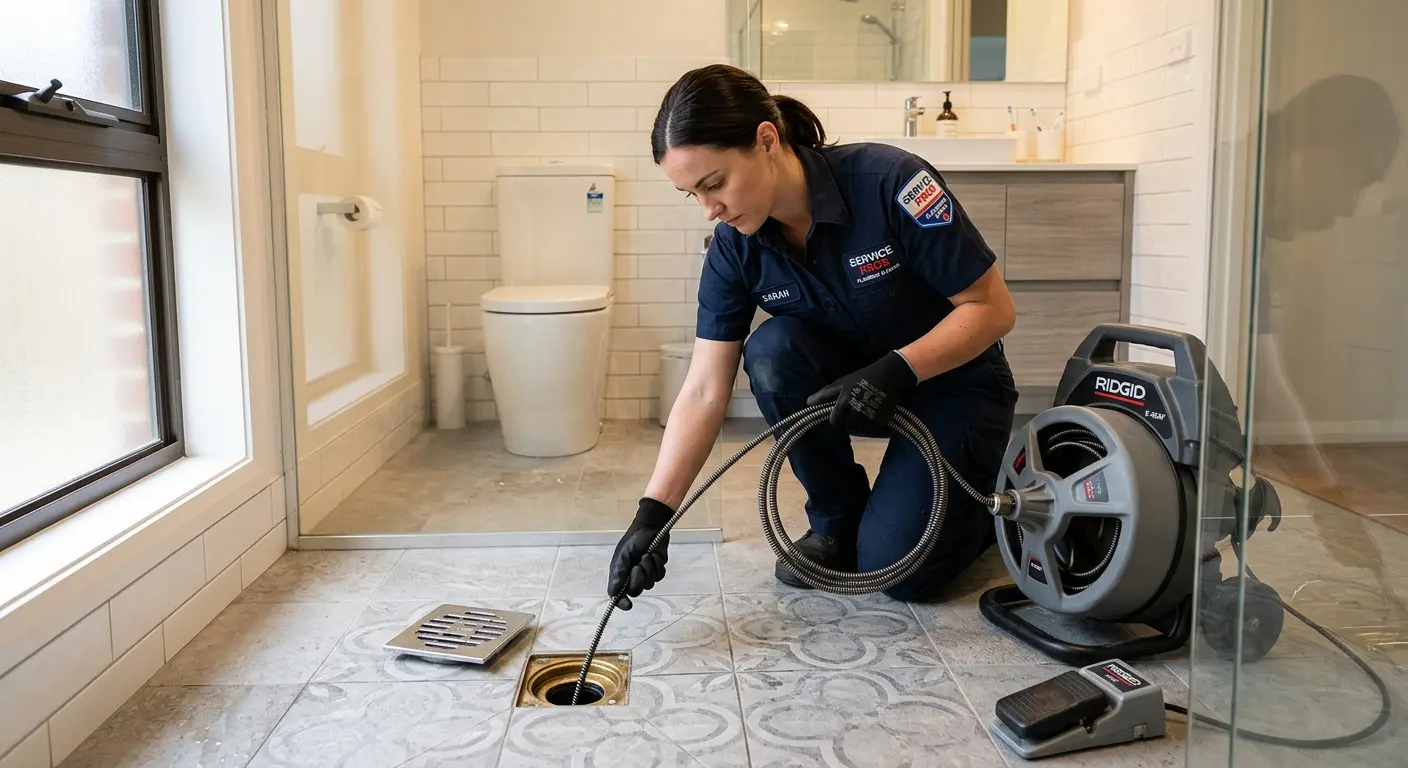 Technician clearing a bathroom floor drain for Drain Repair in Ankeny